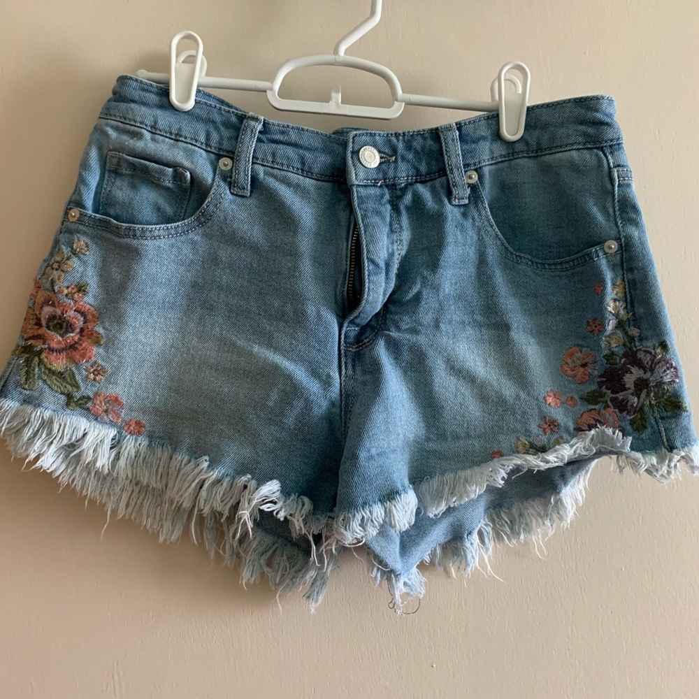 Floral embroidered denim high rise shorts